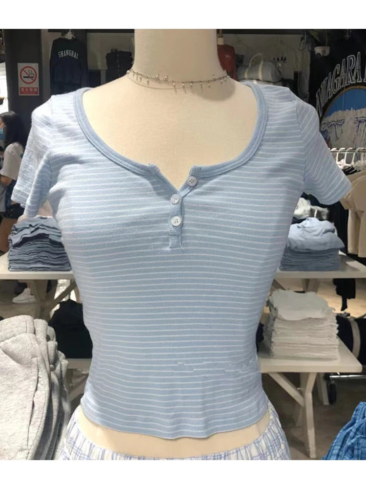 Women Classic Striped Slim Crop Top Summer Button O-Neck Soft Cotton Short Sleeve T-shirts Chic Sweet Fashion Y2k Tops Women