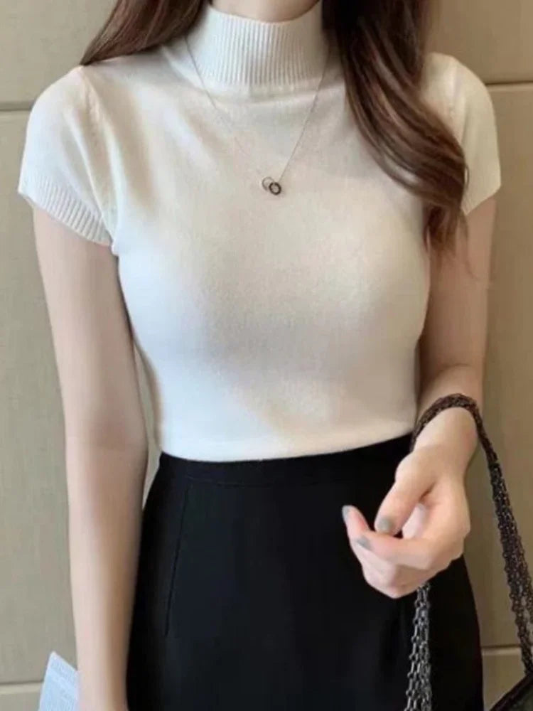 2025 Fashion Woman Pullovers Short Sleeve Autumn Tops Women Turtleneck Knitted Sweater Korean Style Elegant Solid Slim Tops