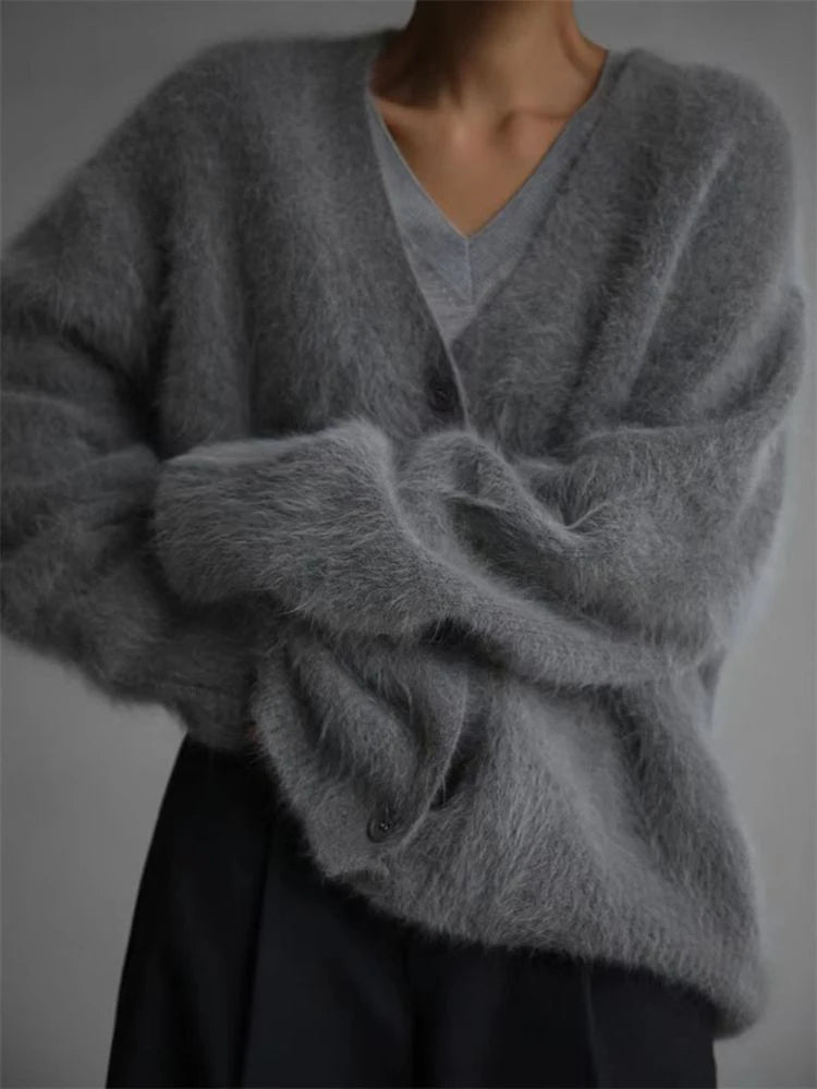 Faux Mink Velvet Women Cardigans Korean Fashion V Neck Long Sleeve Sweater Coat Y2K Female Loose Buttons Solid Knitted Jacket