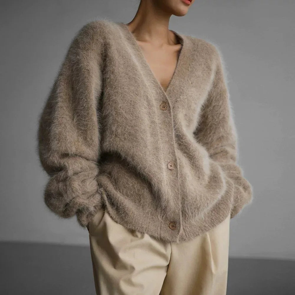 Women Fluffy Plush Sweater Cardigans Fashion Loose V-neck Knitted Cardigan Sweater Y2k Streetwear Jacket Autumn Winter